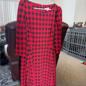 Calvin Klein Red and Black Checkered Long Sleeve Dress
